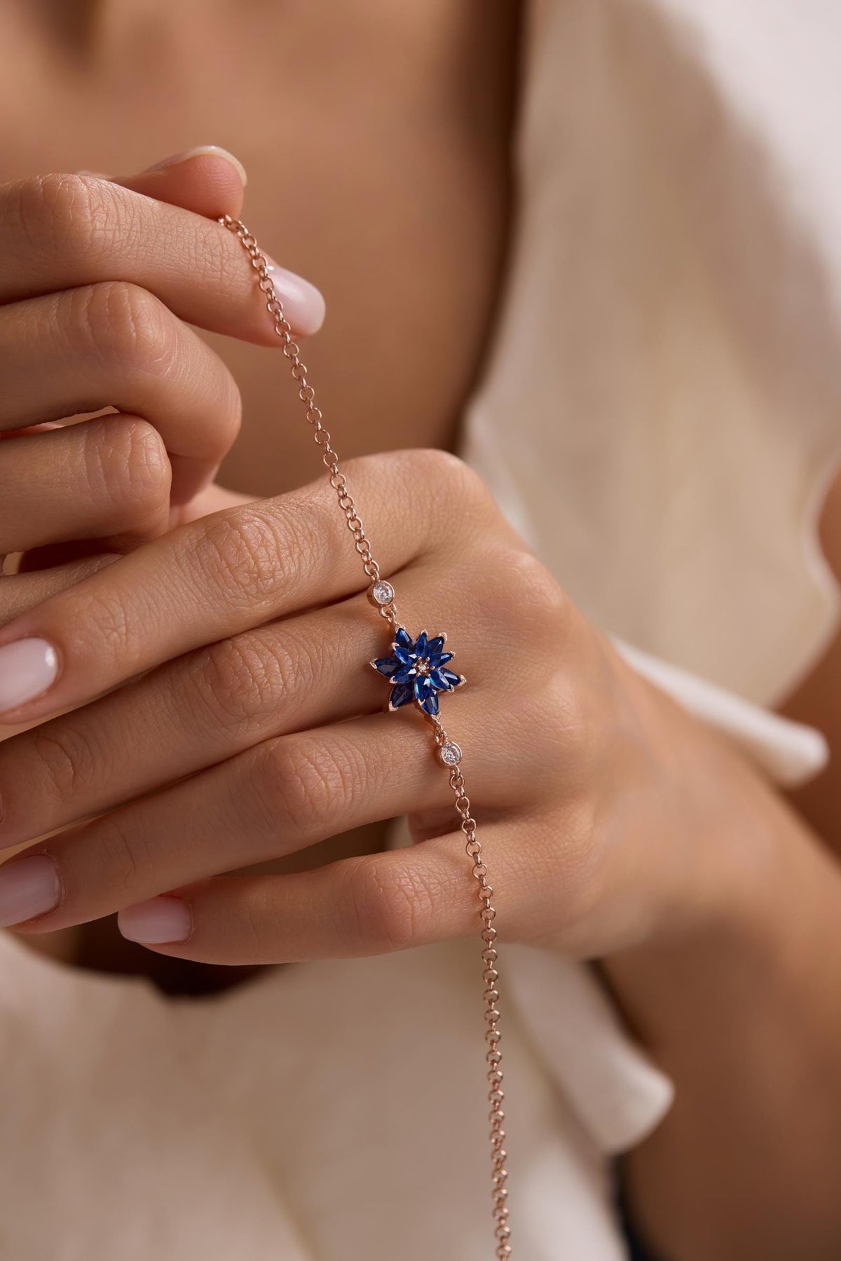 Lotus Flower Bracelet | 925 Sterling Silver Rose Gold | Blue Zircon Floral | Gift