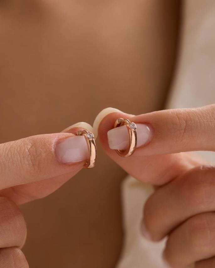 Rose Gold Hoop Earrings | 925 Sterling Silver Zircon Huggie Hoops | Dainty Jewelry