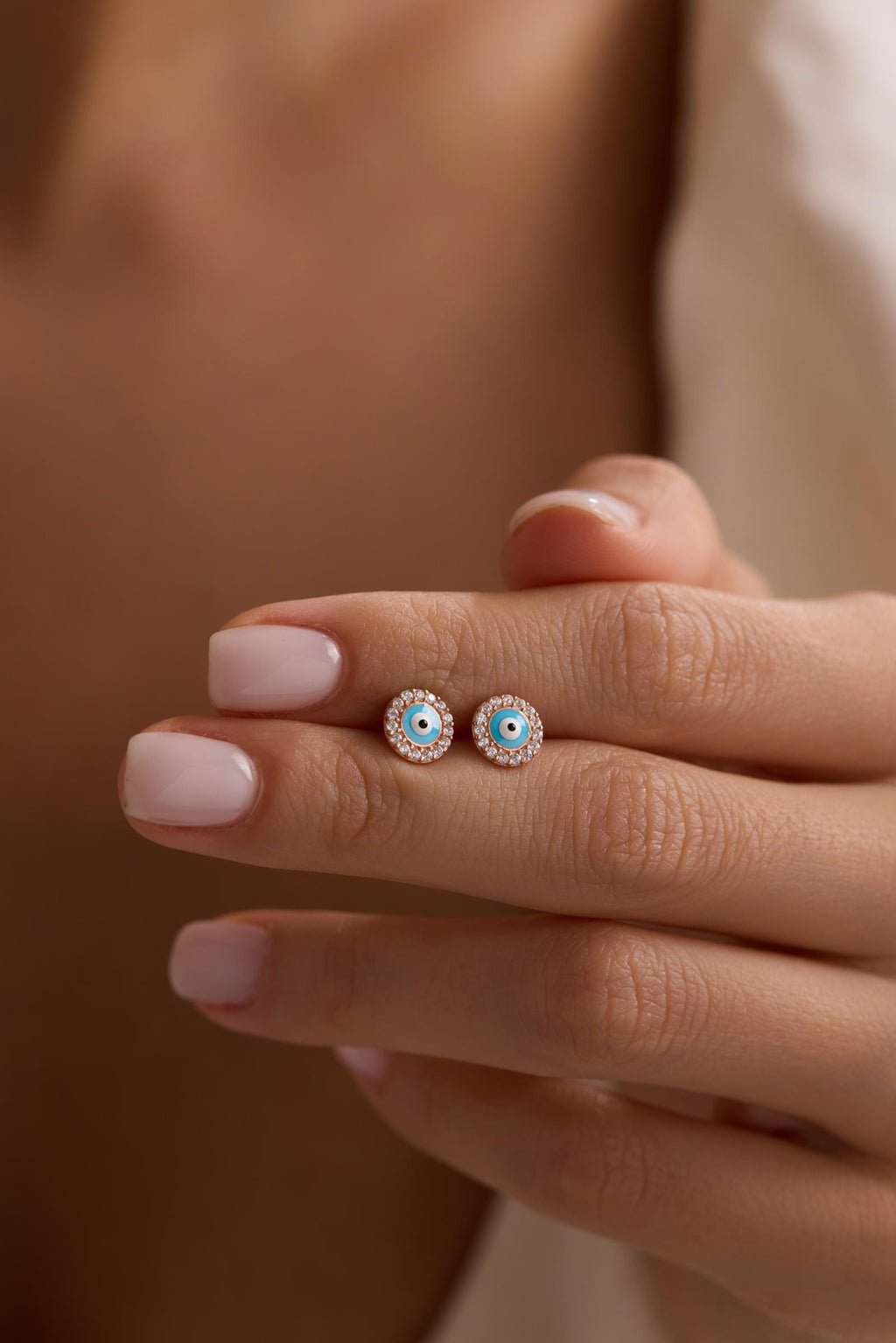 Evil Eye Stud Earrings | 925 Sterling Silver Rose Gold Plated Zircon | Dainty Jewelry