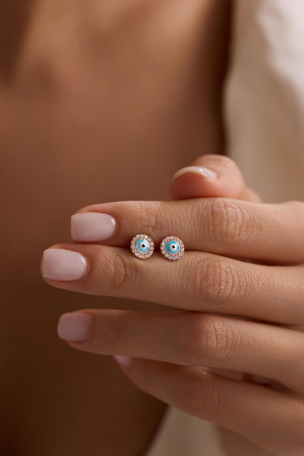 Evil Eye Stud Earrings | 925 Sterling Silver Rose Gold Plated Zircon | Dainty Jewelry