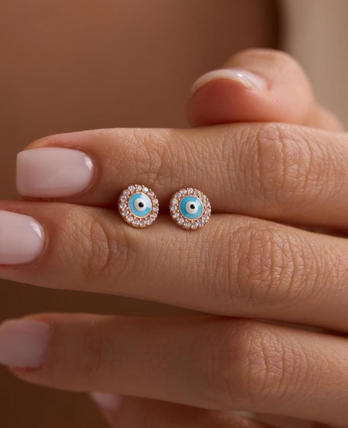 Evil Eye Stud Earrings | 925 Sterling Silver Rose Gold Plated Zircon | Dainty Jewelry