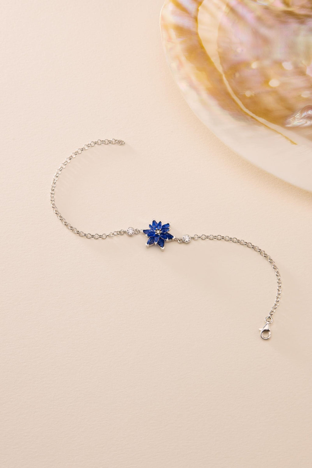 Lotus Flower Bracelet | 925 Sterling Silver Rhodium | Blue Zircon Floral | Gift