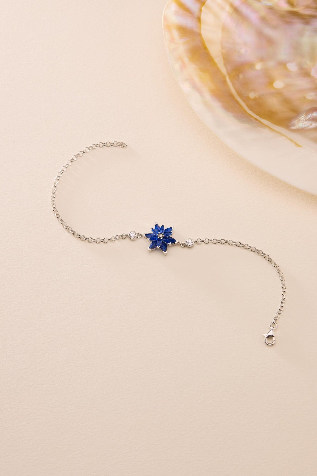 Lotus Flower Bracelet | 925 Sterling Silver Rhodium | Blue Zircon Floral | Gift
