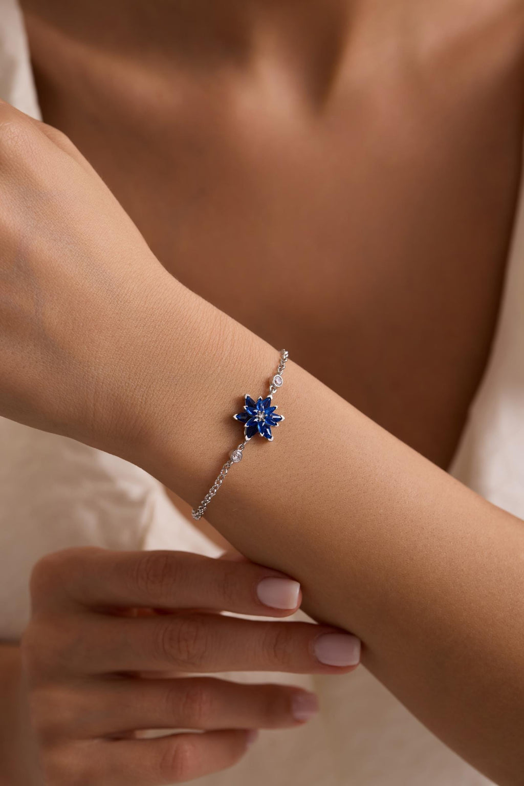 Lotus Flower Bracelet | 925 Sterling Silver Rhodium | Blue Zircon Floral | Gift