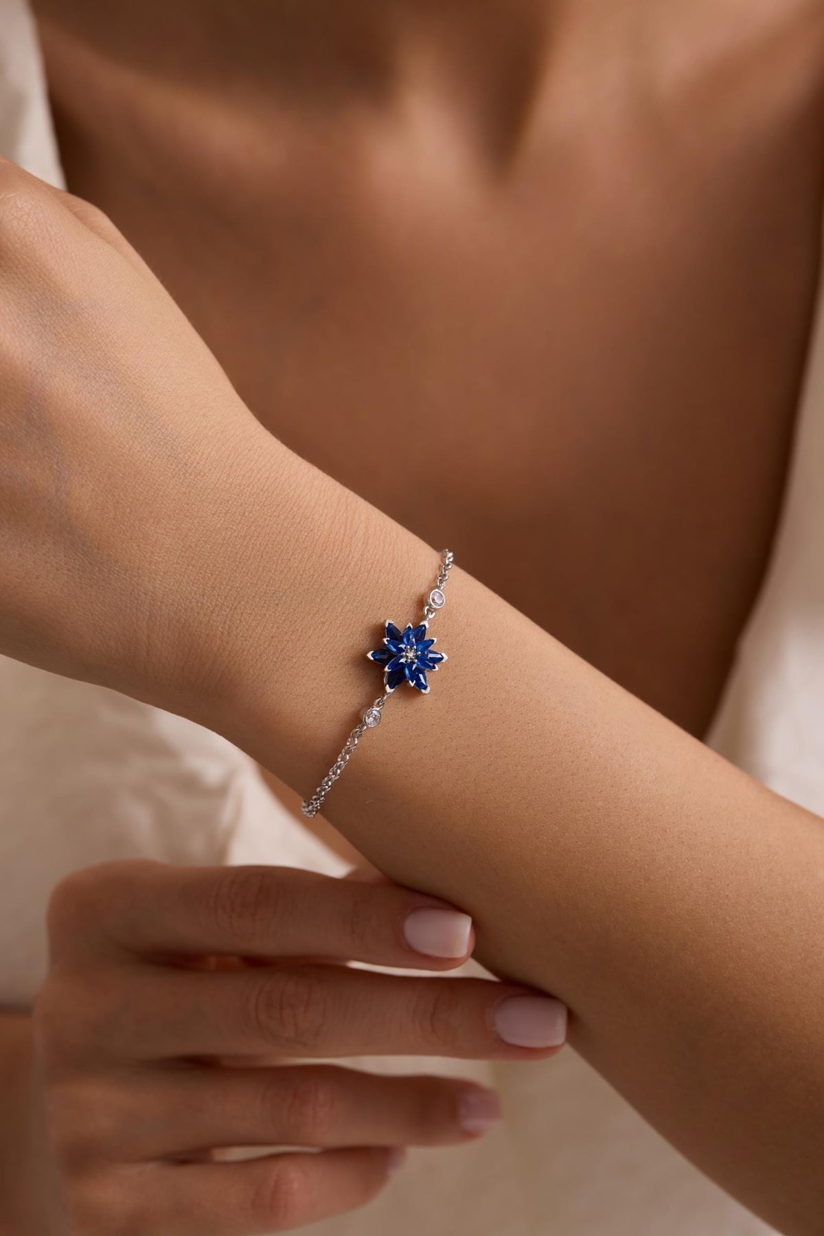 Lotus Flower Bracelet | 925 Sterling Silver Rhodium | Blue Zircon Floral | Gift