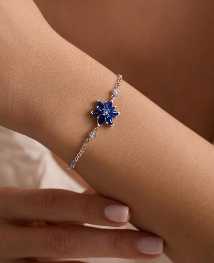 Lotus Flower Bracelet | 925 Sterling Silver Rhodium | Blue Zircon Floral | Gift