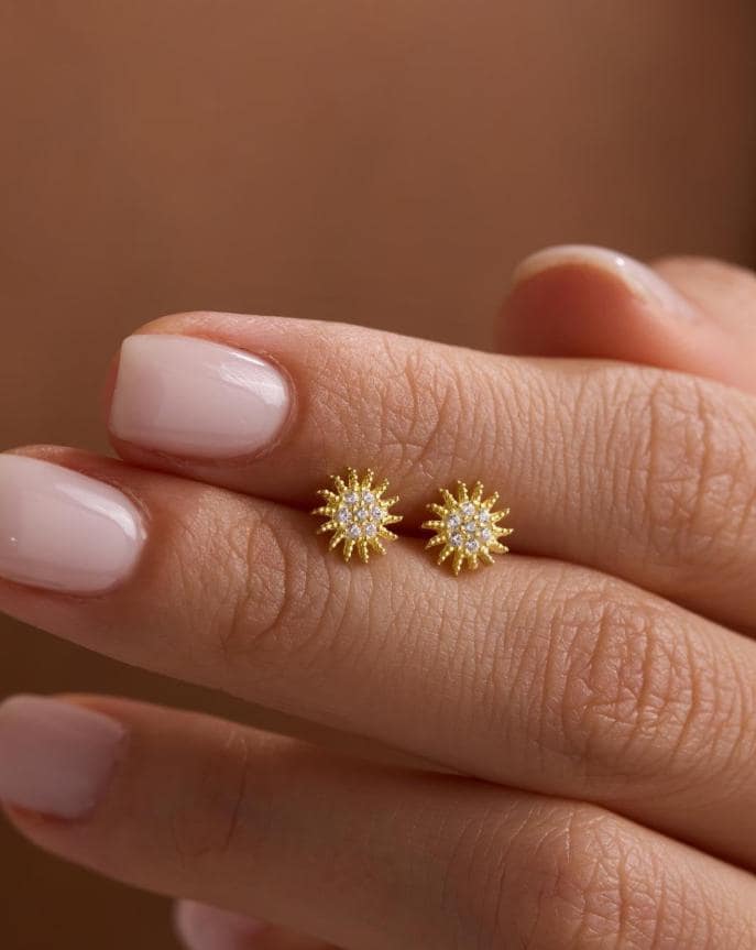 Sun Earrings | 925 Sterling Silver 14K Gold Plated Zircon Studs | Celestial Dainty Jewelry