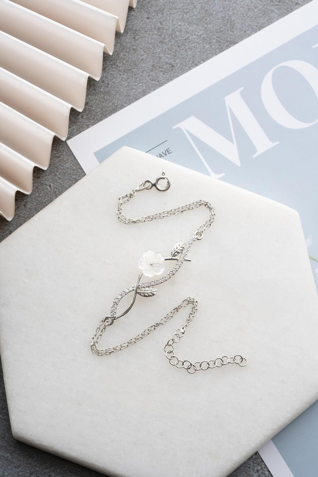 Magnolia Flower Bracelet | 925 Sterling Silver Rhodium Zircon Dainty Jewelry