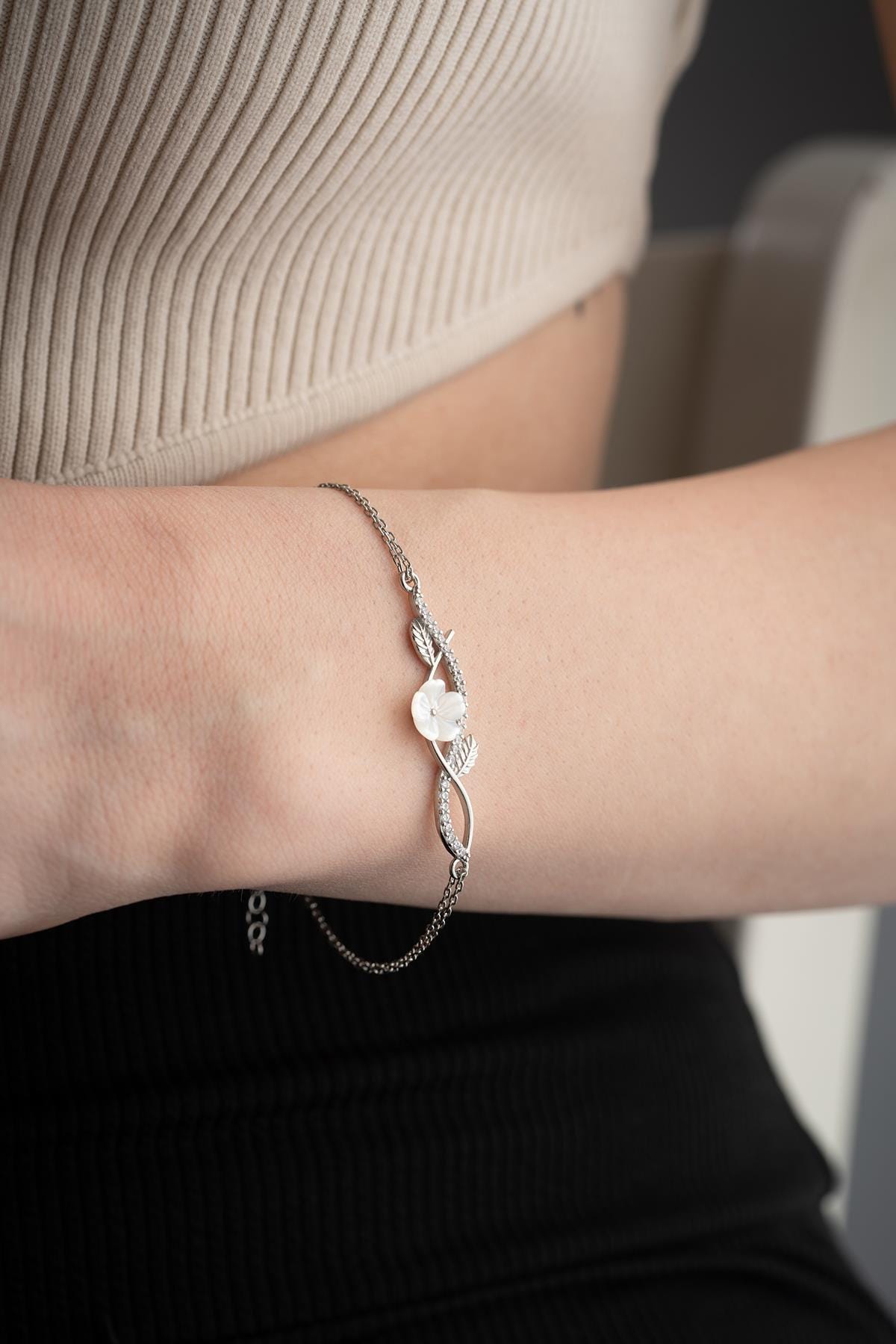 Magnolia Flower Bracelet | 925 Sterling Silver Rhodium Zircon Dainty Jewelry