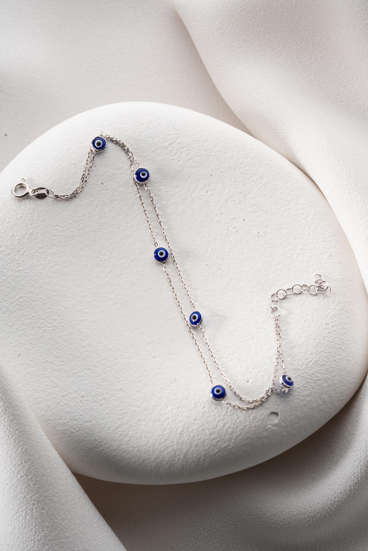 Double Chain Evil Eye Bracelet | 925 Sterling Silver Blue Enamel Jewelry