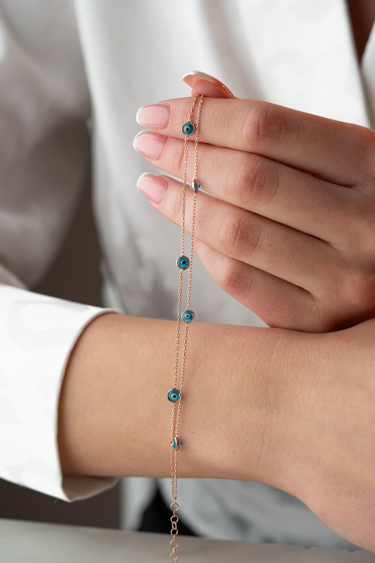 Rose Gold Double Chain Evil Eye Bracelet | 925 Sterling Silver