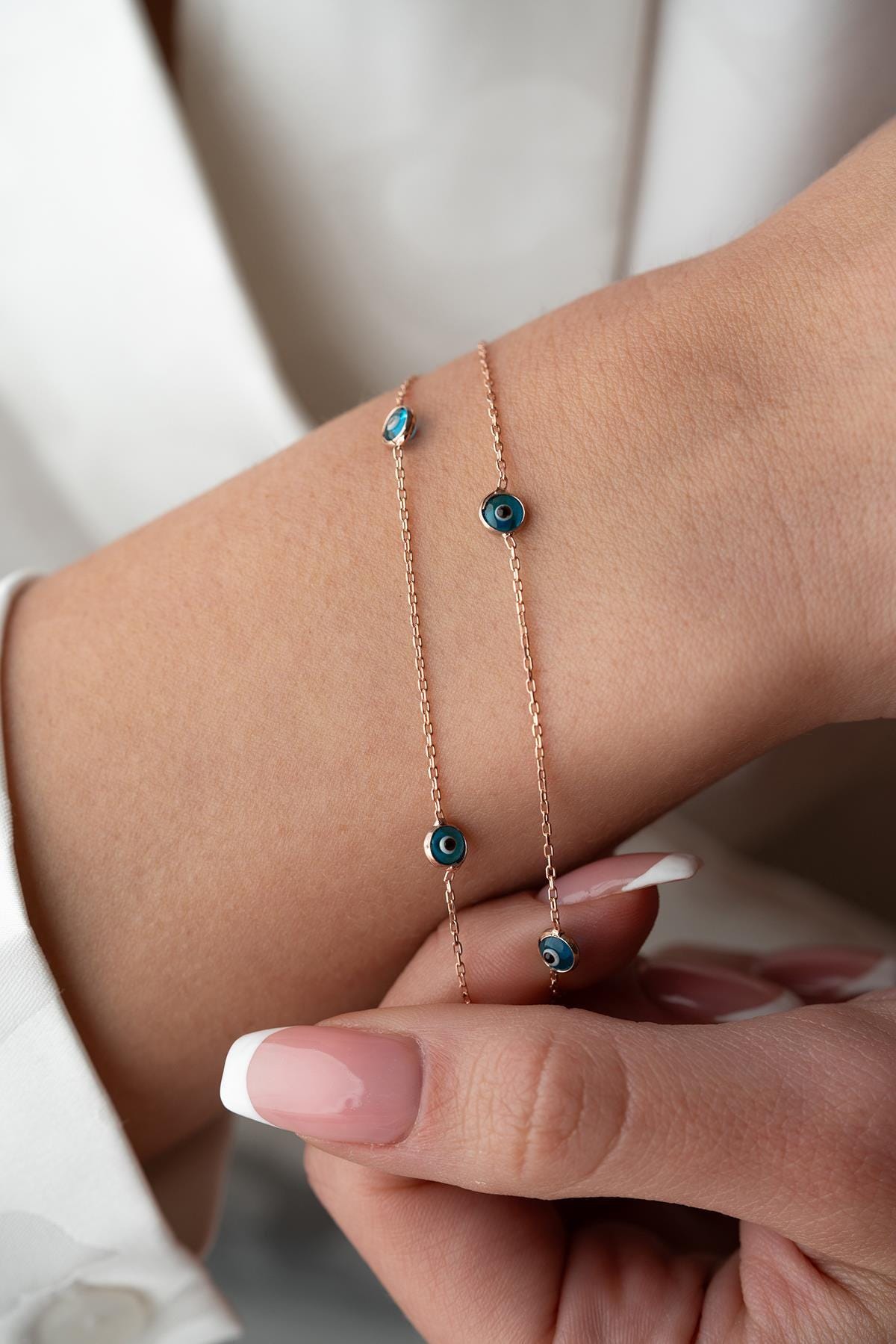 Rose Gold Double Chain Evil Eye Bracelet | 925 Sterling Silver