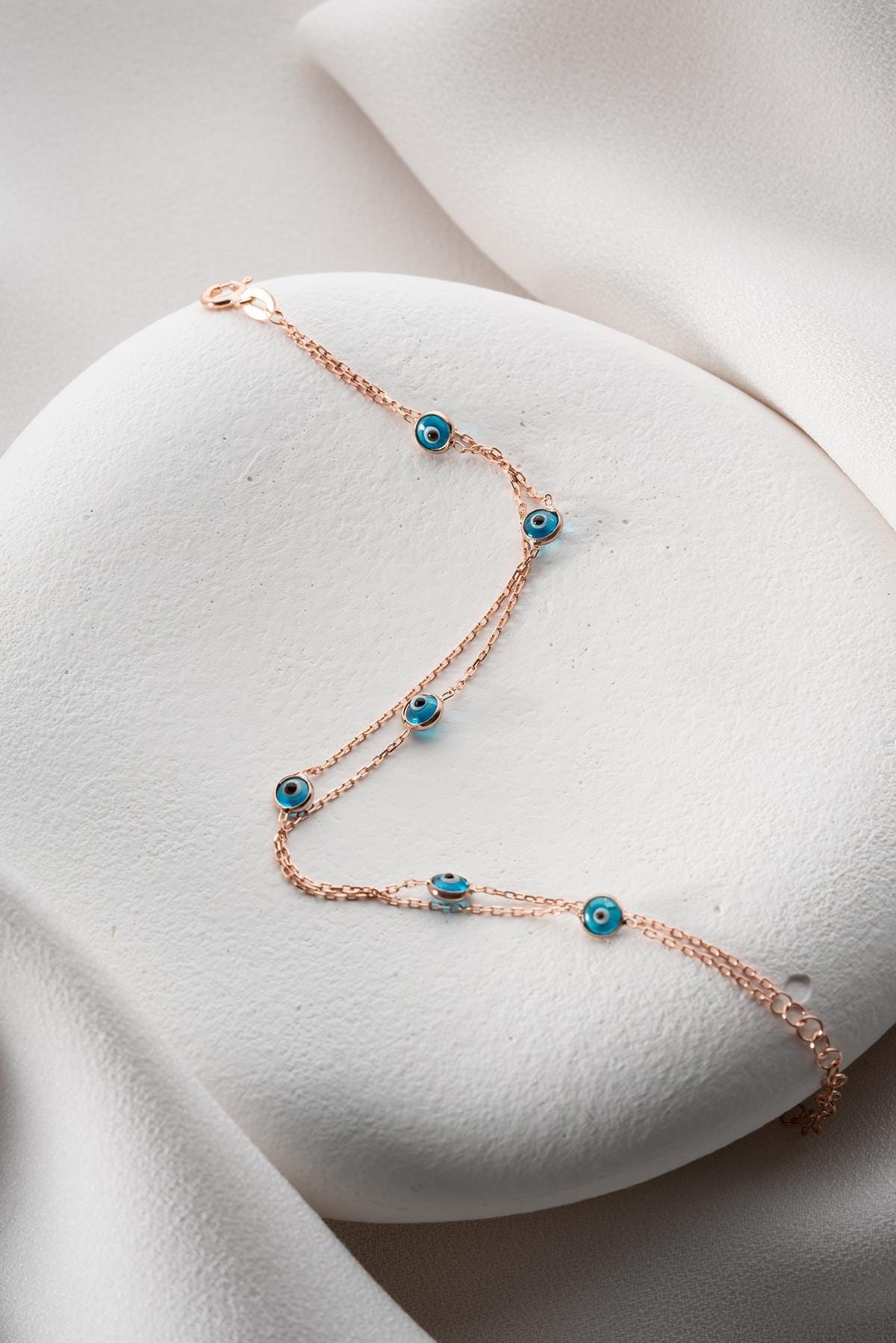 Rose Gold Double Chain Evil Eye Bracelet | 925 Sterling Silver