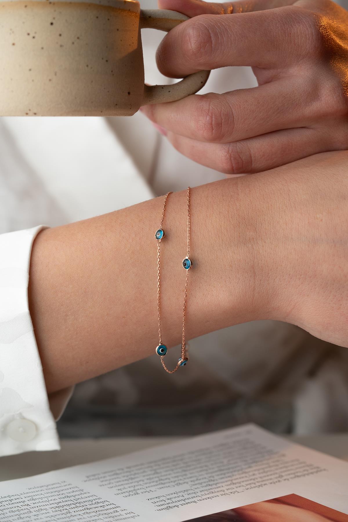 Rose Gold Double Chain Evil Eye Bracelet | 925 Sterling Silver
