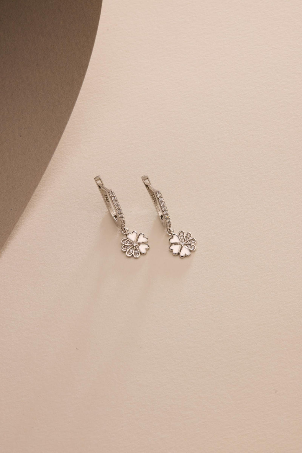 Sterling Silver Flower Drop Earrings | Rhodium Plated Zircon Dangle Earrings | Floral Jewelry Gift