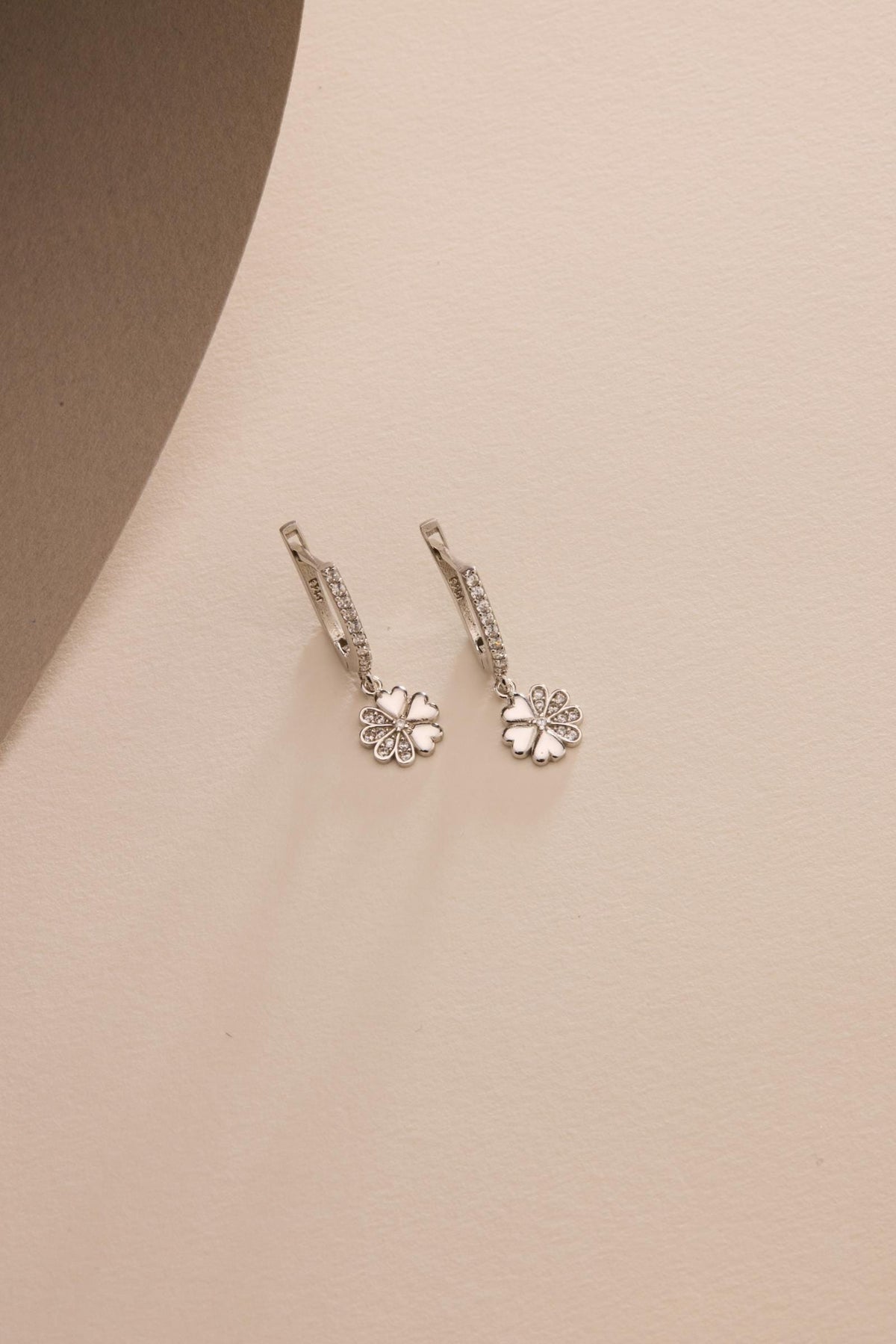 Sterling Silver Flower Drop Earrings | Rhodium Plated Zircon Dangle Earrings | Floral Jewelry Gift