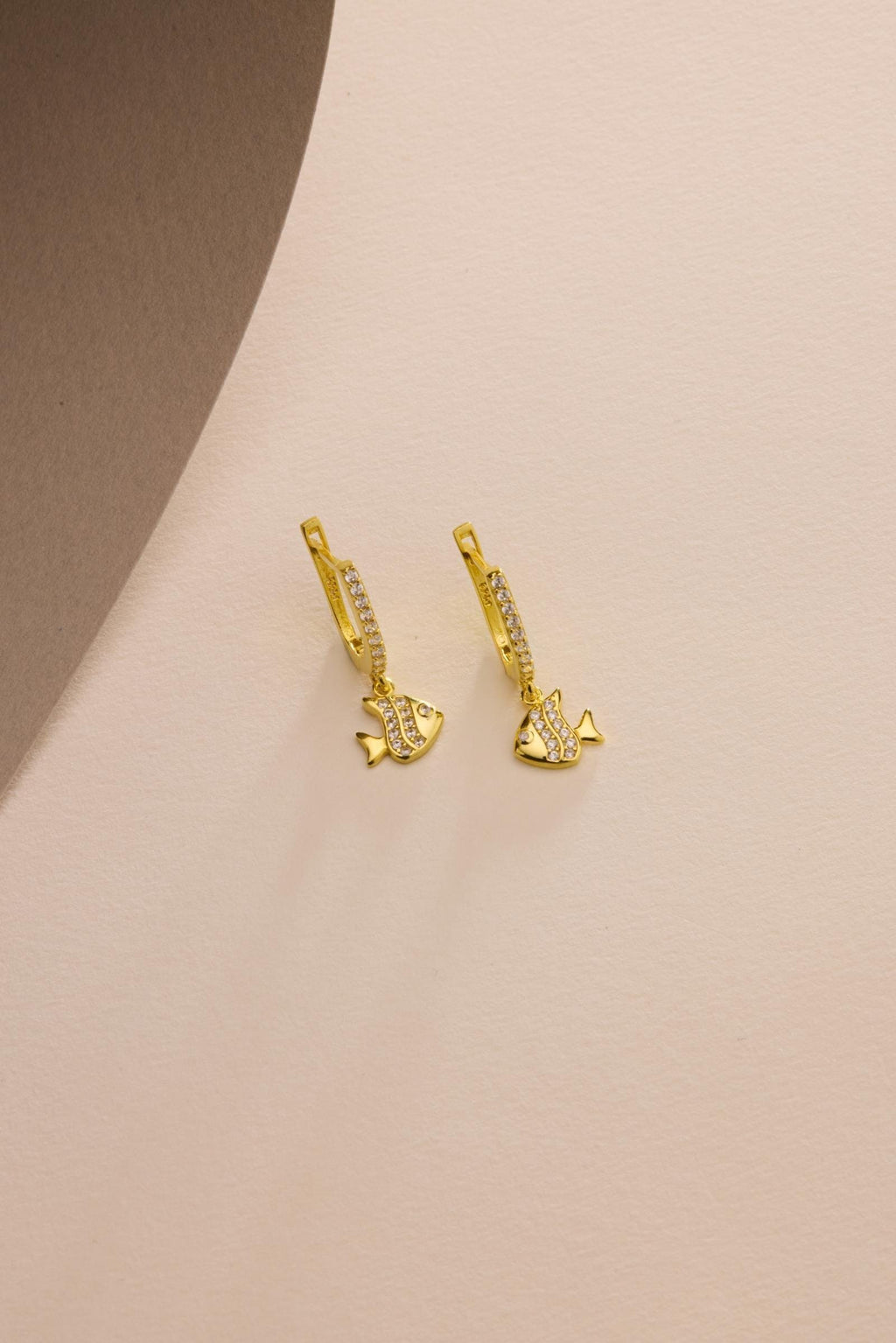 Gold plated Fish Dangle Earrings | 925 Sterling Silver Zircon Hoop | Ocean Jewelry