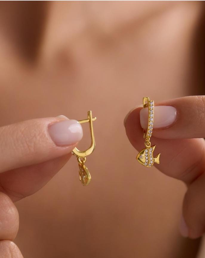 Gold plated Fish Dangle Earrings | 925 Sterling Silver Zircon Hoop | Ocean Jewelry