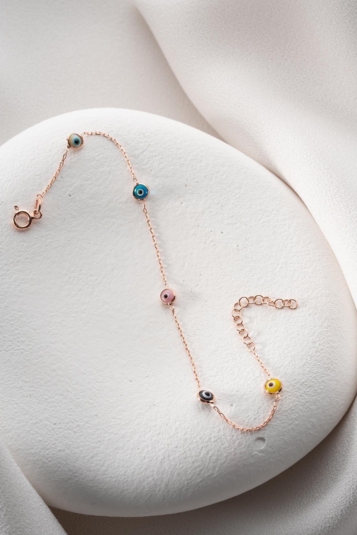 Rose Gold Evil Eye Bracelet | 925 Sterling Silver Colorful Dainty Jewelry