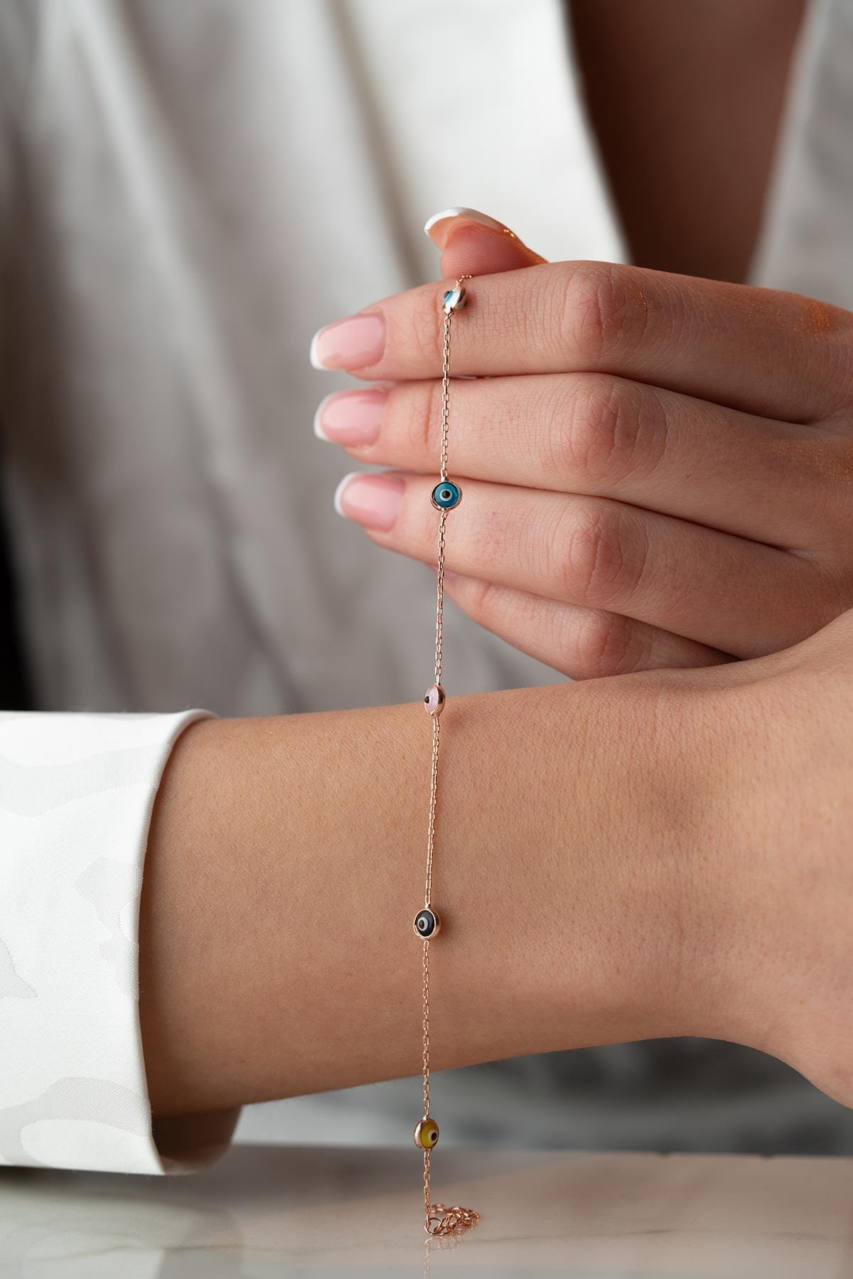 Rose Gold Evil Eye Bracelet | 925 Sterling Silver Colorful Dainty Jewelry