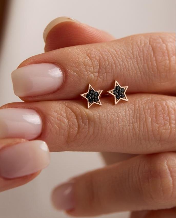 Minimal Star Stud Earrings | 925 Sterling Silver Rose Gold Black Zircon