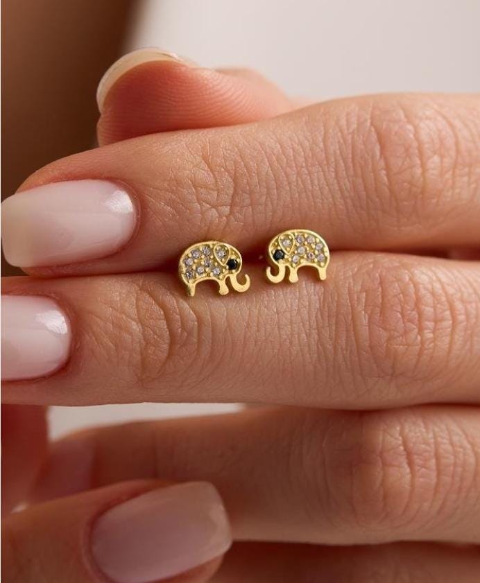 Minimal Elephant Stud Earrings | 925 Sterling Silver Gold Plated Zircon