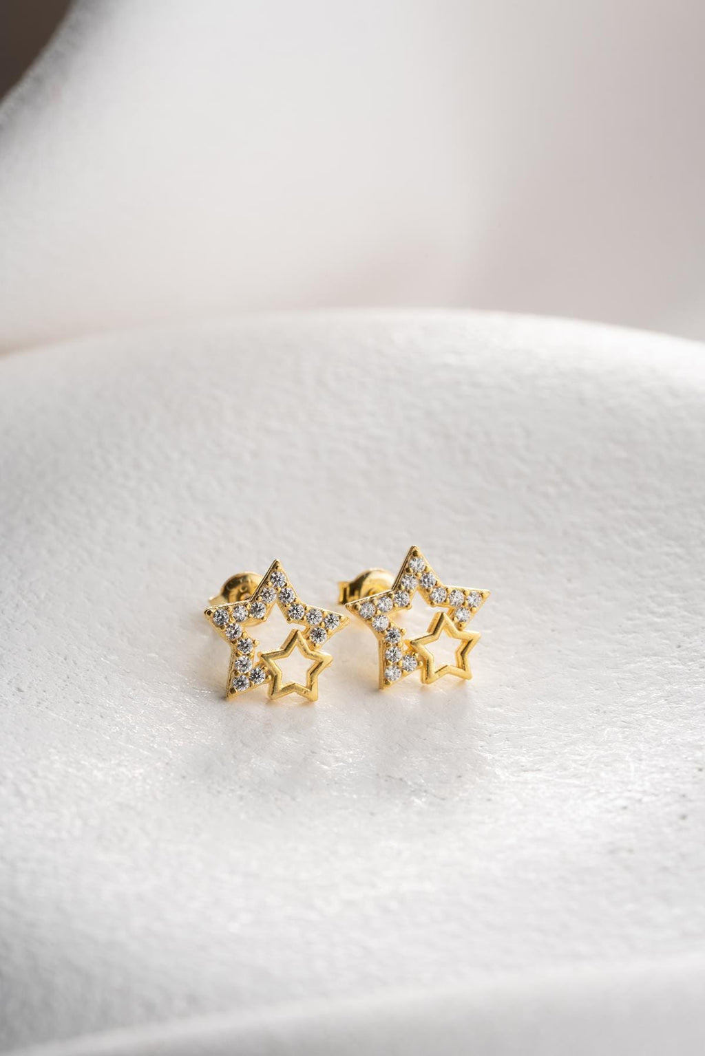 Double Star Stud Earrings | 925 Sterling Silver | 14K Gold Plated | Zircon Dainty Jewelry