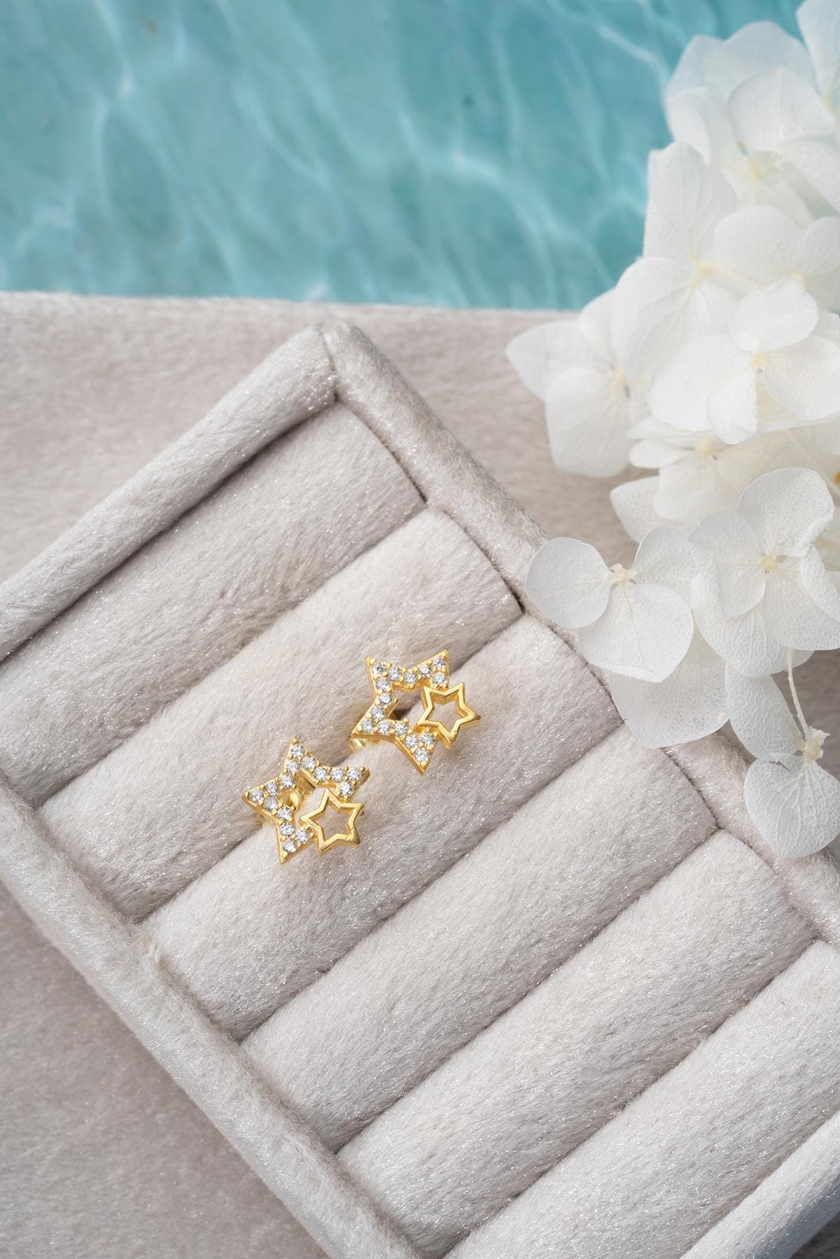 Double Star Stud Earrings | 925 Sterling Silver | 14K Gold Plated | Zircon Dainty Jewelry