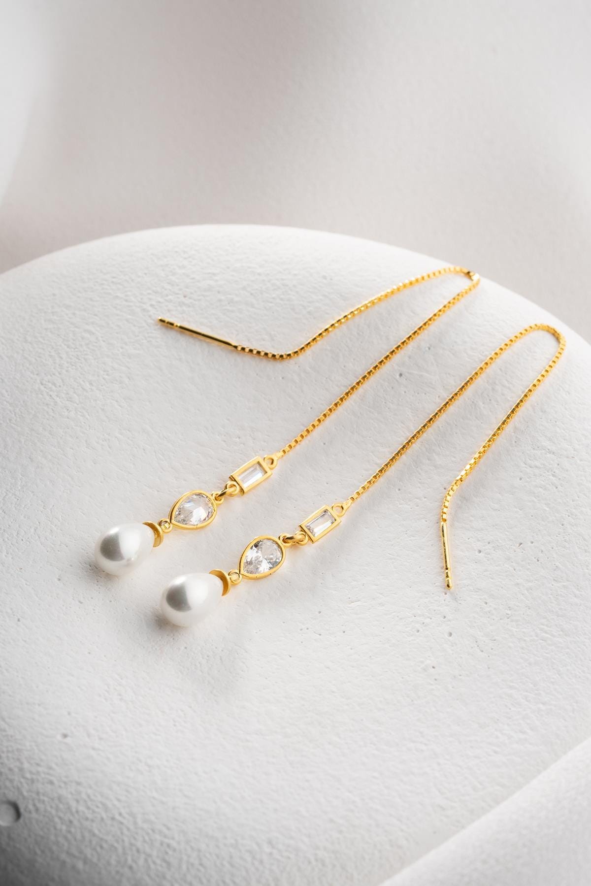 Pearl Chain Threader Earrings | 925 Sterling Silver | 14K Gold Plated | Dainty Jewelry