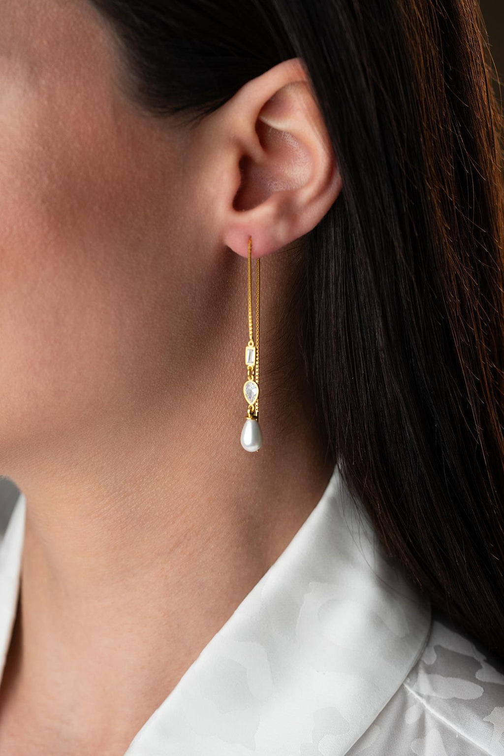 Pearl Chain Threader Earrings | 925 Sterling Silver | 14K Gold Plated | Dainty Jewelry