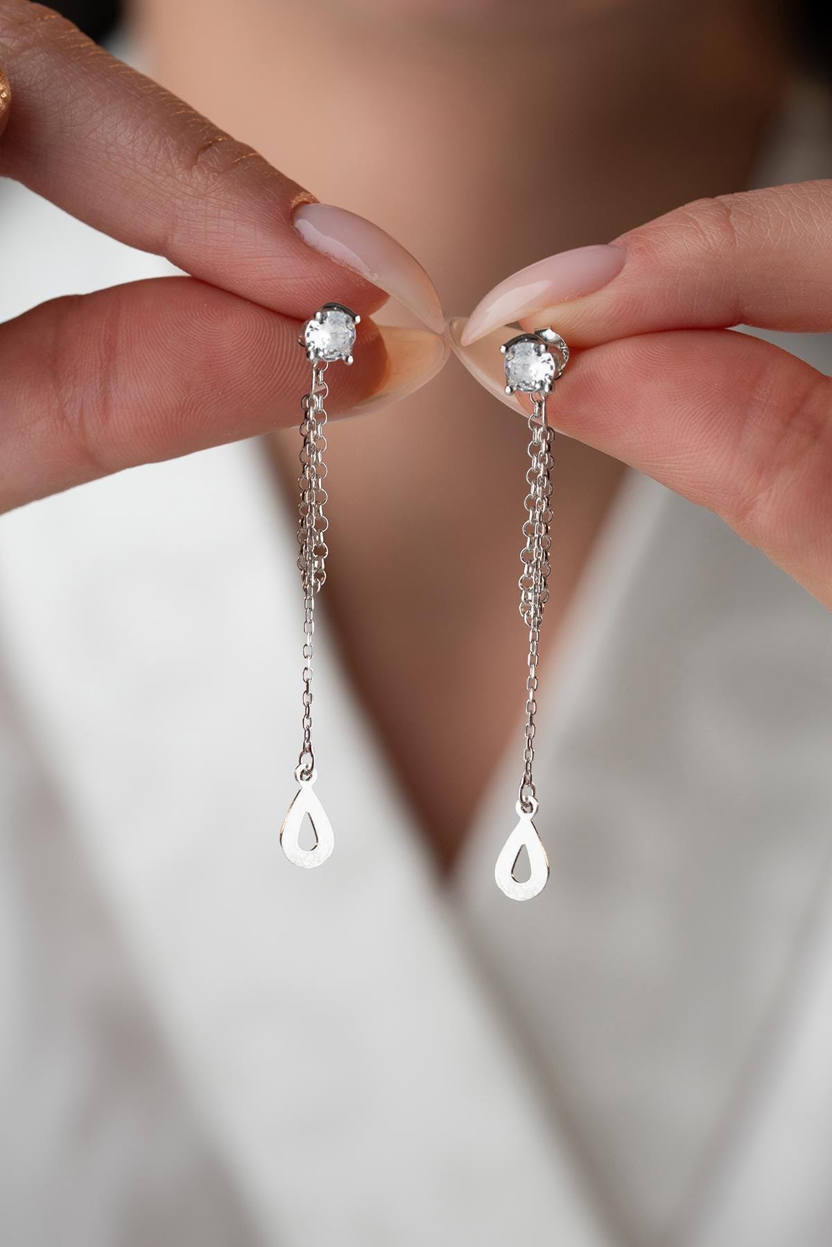 Teardrop Chain Dangle Earrings | 925 Sterling Silver | Rhodium Plated | Minimal Jewelry