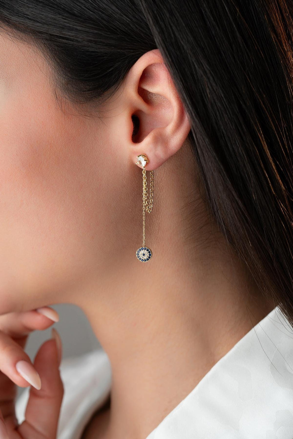Gold Plated Evil Eye Chain Earrings | Sterling Silver Zircon Drop Jewelry