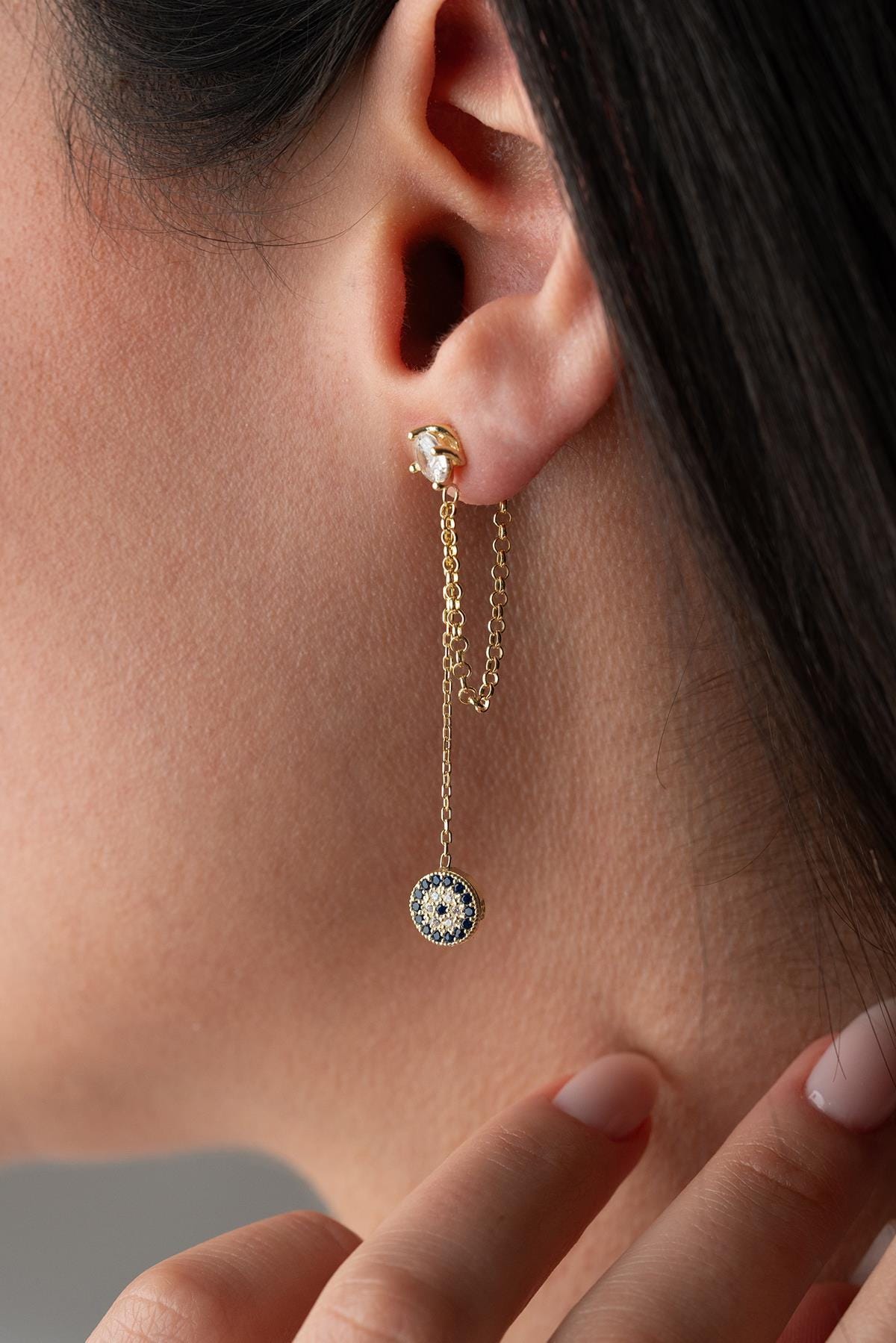 Gold Plated Evil Eye Chain Earrings | Sterling Silver Zircon Drop Jewelry