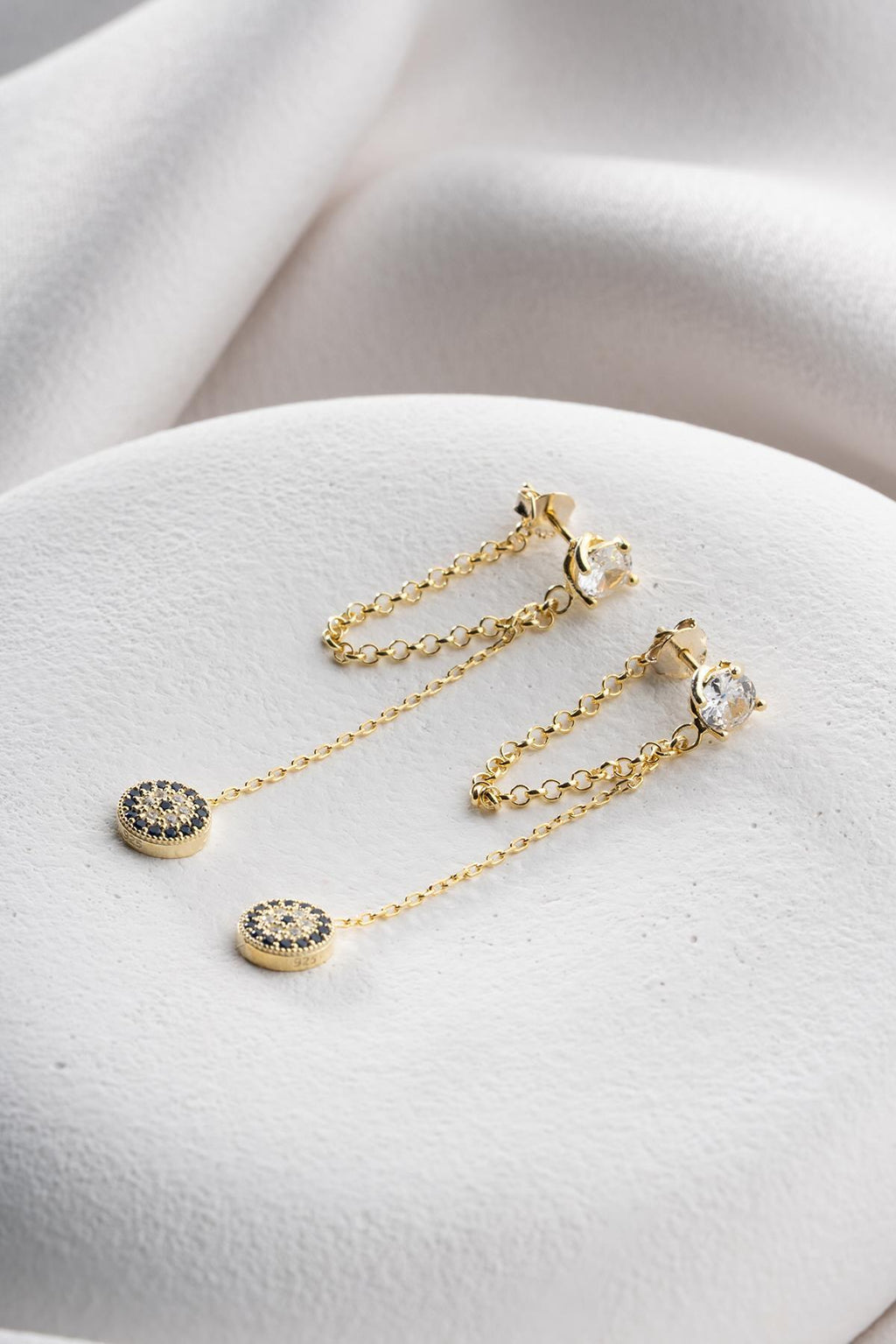 Gold Plated Evil Eye Chain Earrings | Sterling Silver Zircon Drop Jewelry