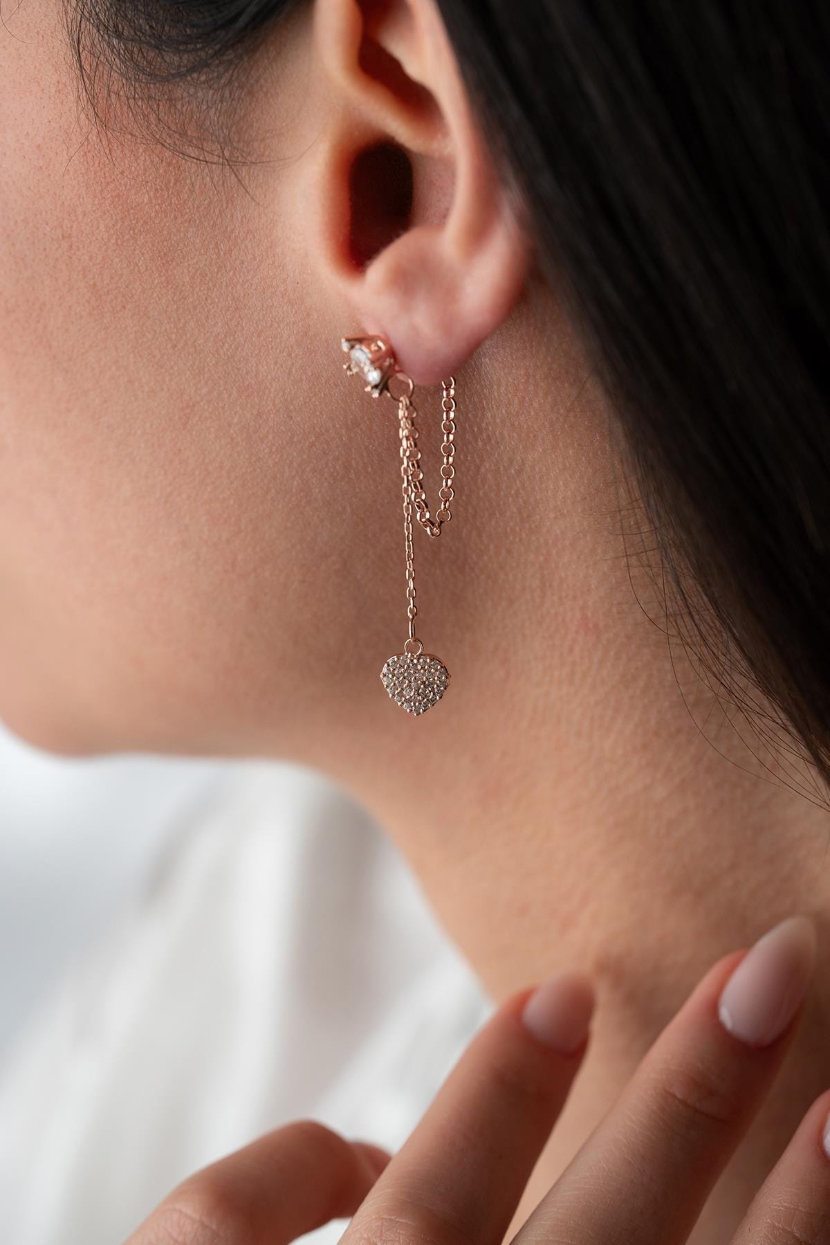 Rose Gold Heart Chain Earrings | Dainty Zircon Drop Earrings | Romantic Jewelry Gift for Her