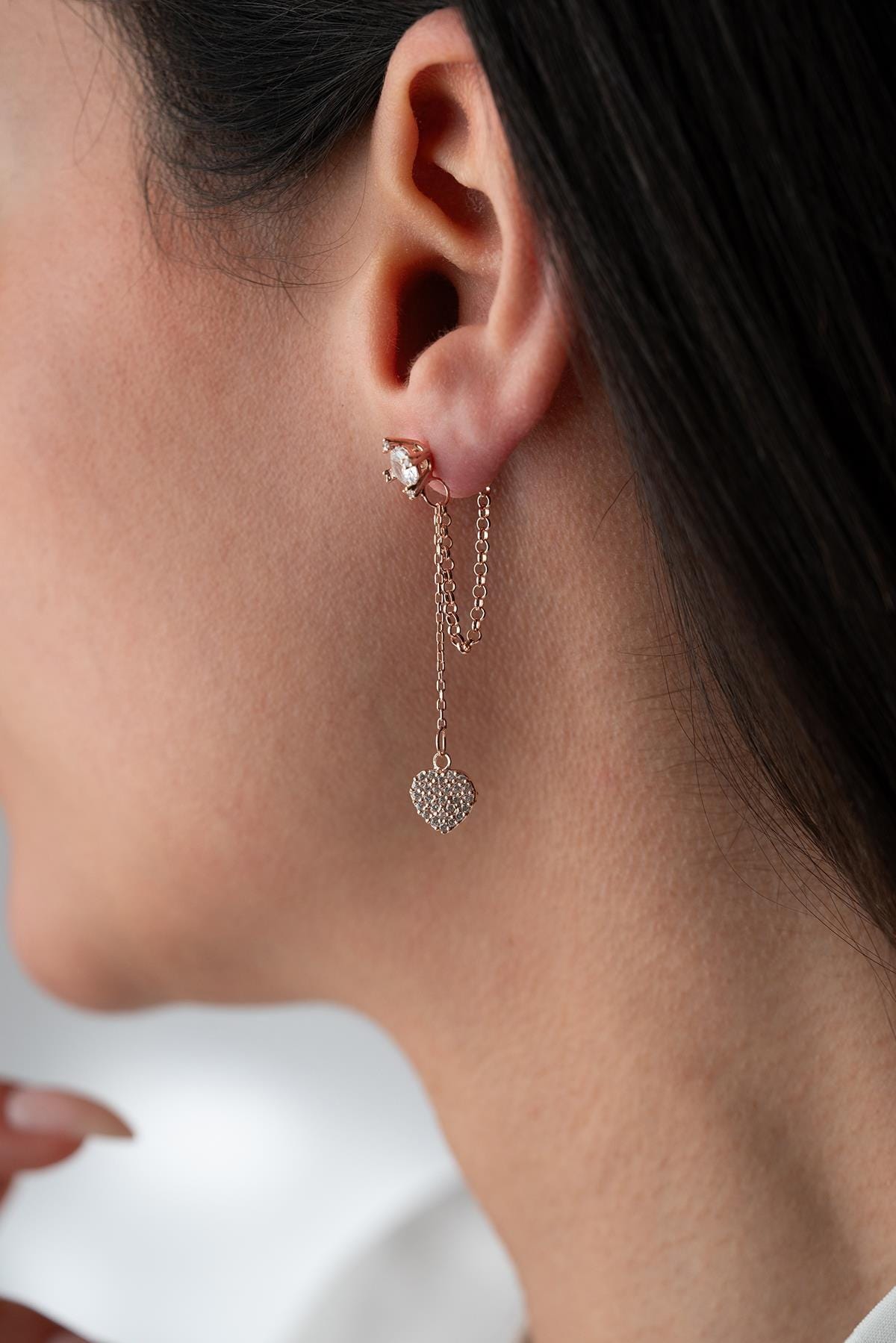 Rose Gold Heart Chain Earrings | Dainty Zircon Drop Earrings | Romantic Jewelry Gift for Her