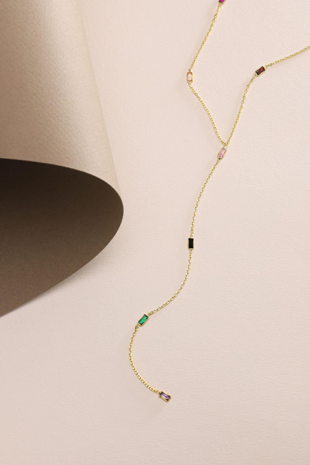 Gold Baguette Lariat Necklace | Dainty Y Necklace | Minimal Zircon Pendant Gift for Her