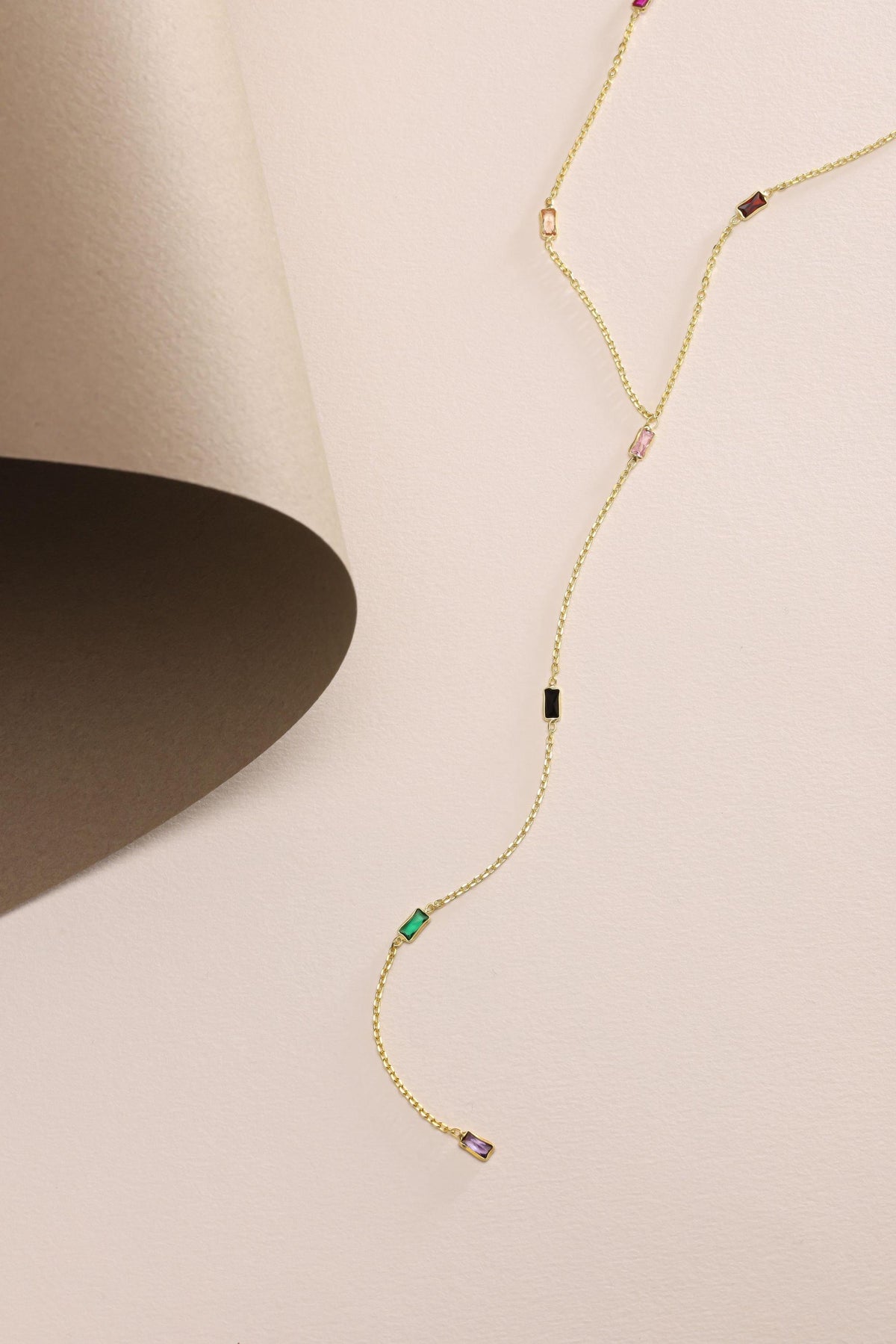 Gold Baguette Lariat Necklace | Dainty Y Necklace | Minimal Zircon Pendant Gift for Her