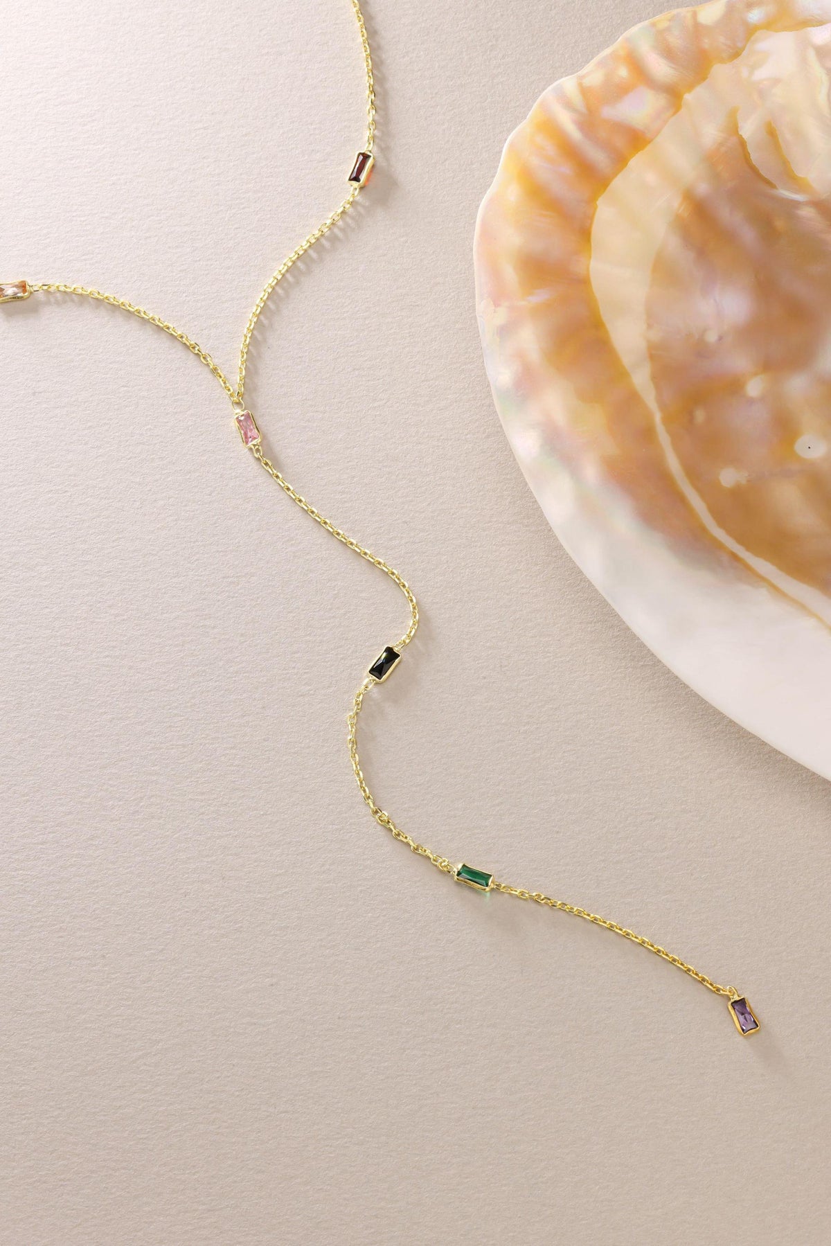 Gold Baguette Lariat Necklace | Dainty Y Necklace | Minimal Zircon Pendant Gift for Her