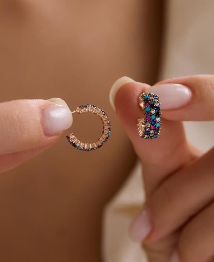 Rose Gold Rainbow Hoop Earrings | Colorful Zircon Huggie Hoops | Dainty Jewelry Gift