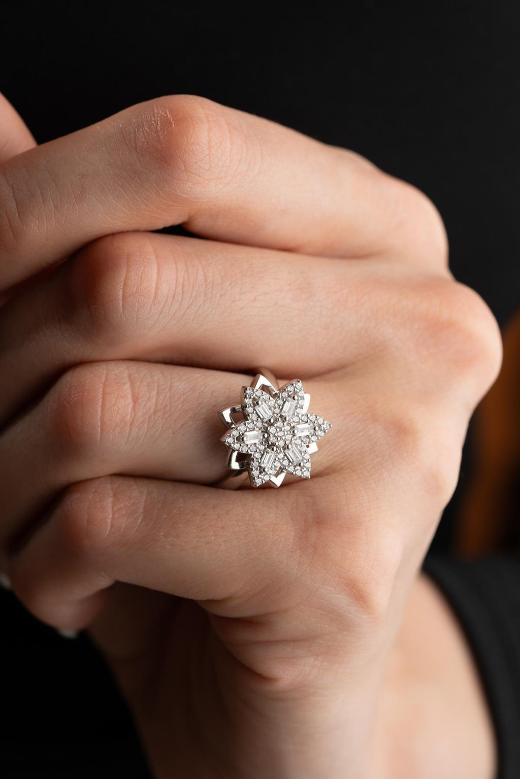 Adjustable Flower Spin Ring | 925 Sterling Silver Baguette Zircon