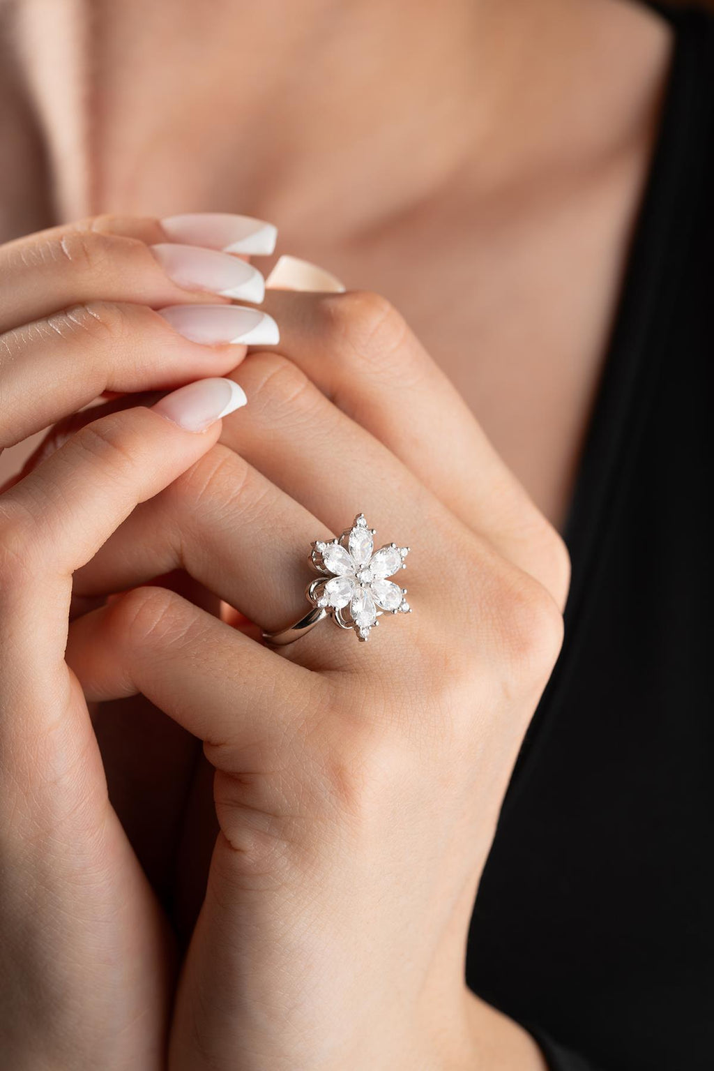 Adjustable Camellia Spin Ring | 925 Sterling Silver White Zircon
