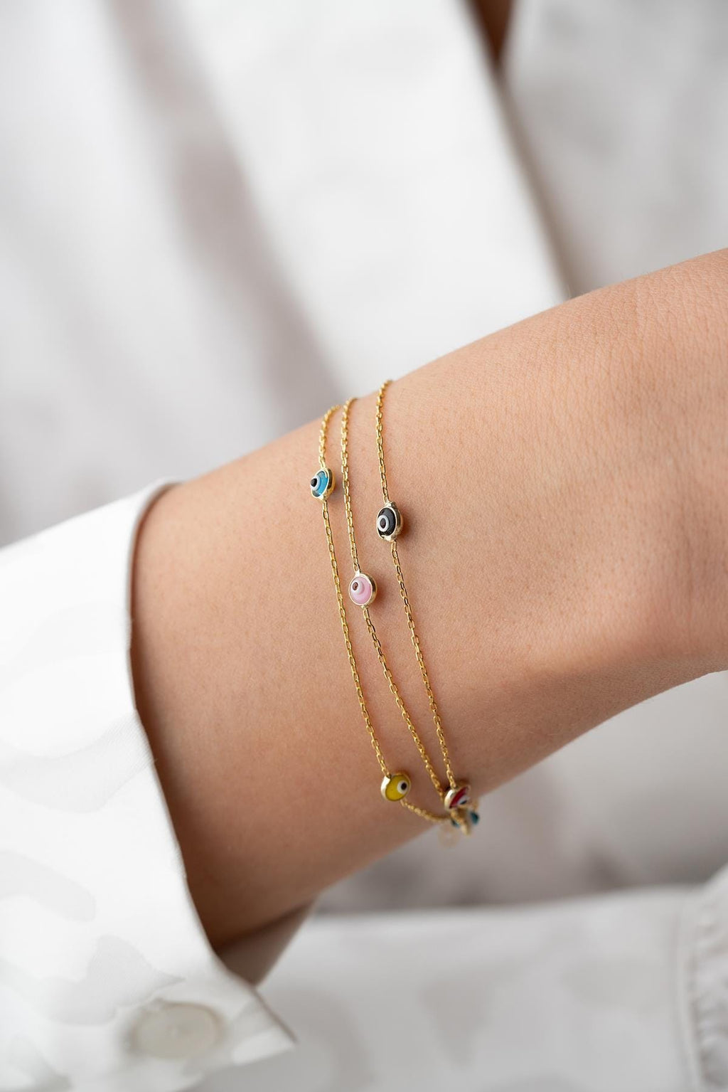Evil Eye Bracelet Sterling Silver | Dainty Gold Layered Jewelry | Colorful Nazar Gift for Her