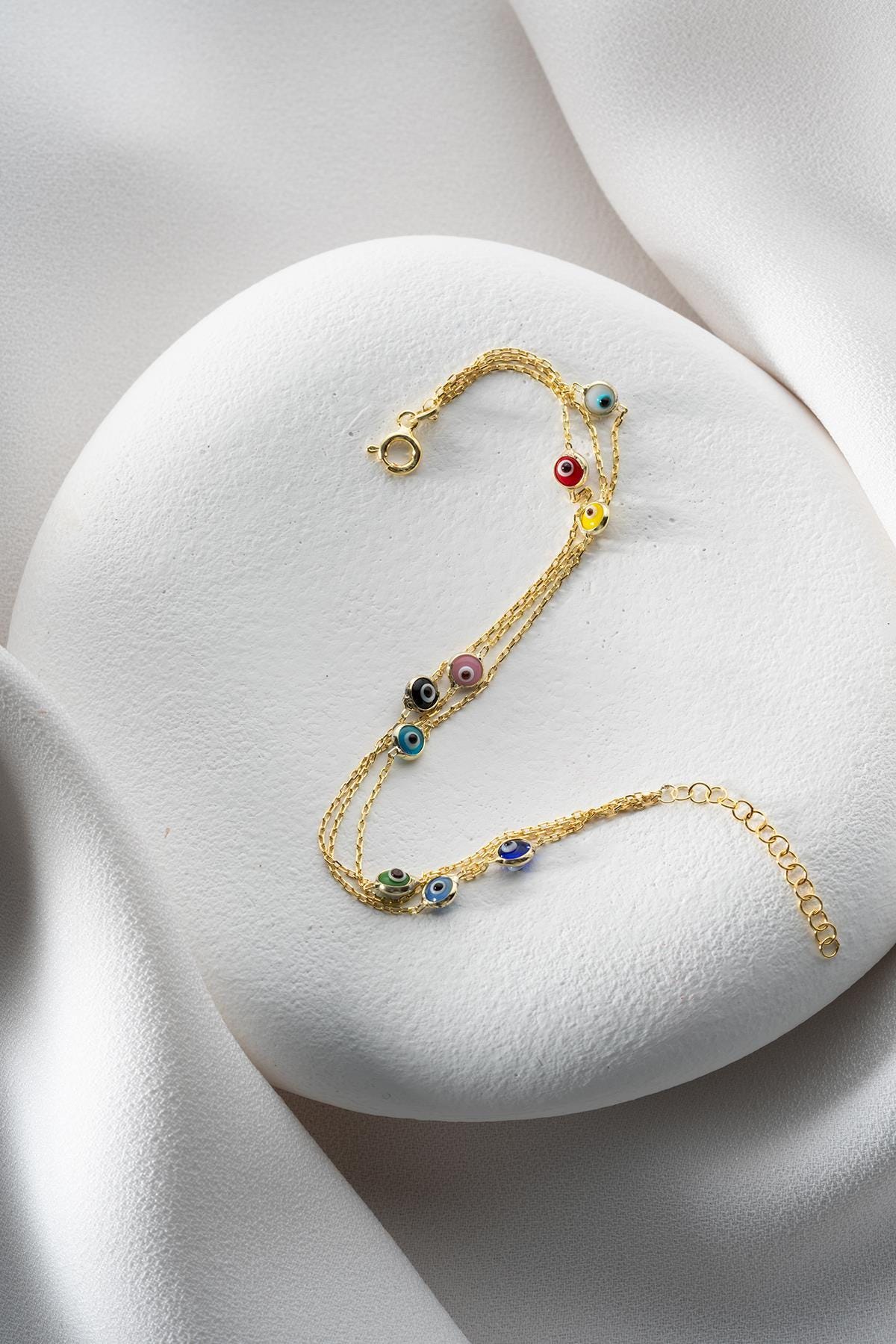 Evil Eye Bracelet Sterling Silver | Dainty Gold Layered Jewelry | Colorful Nazar Gift for Her