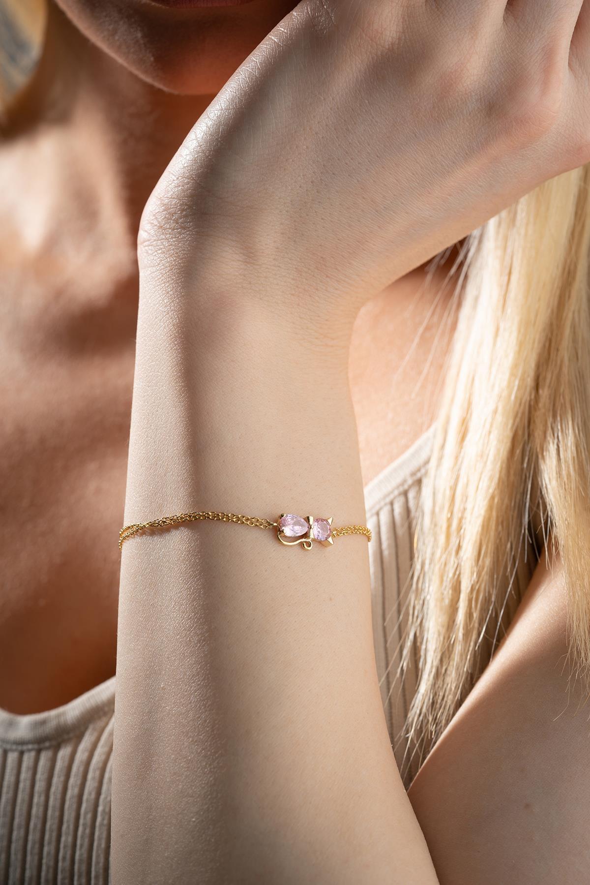Cat Bracelet Sterling Silver | Dainty Gold Jewelry | Pink Zircon Cat Gift for Her
