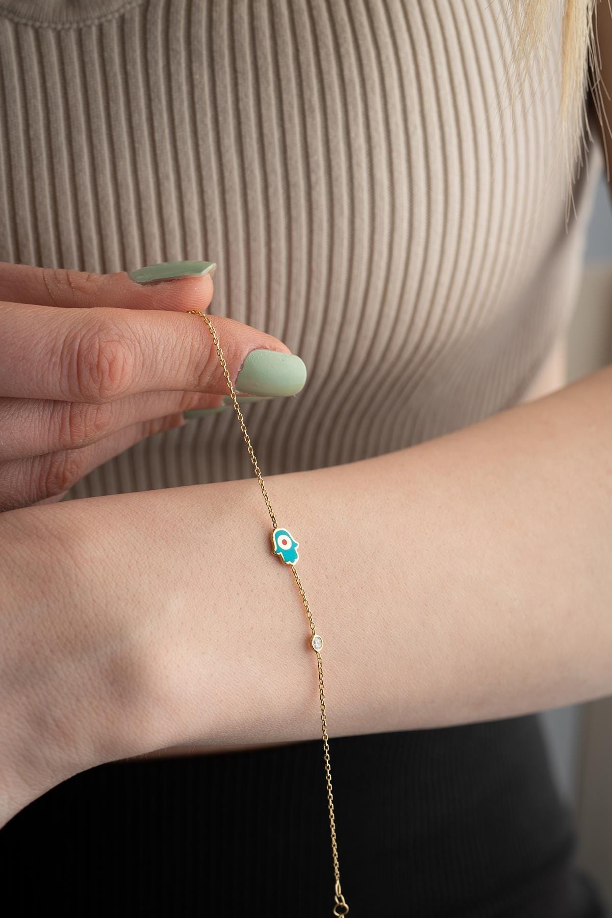 Hamsa Hand Bracelet Sterling Silver | Dainty Gold Jewelry | Minimal Evil Eye Gift for Her