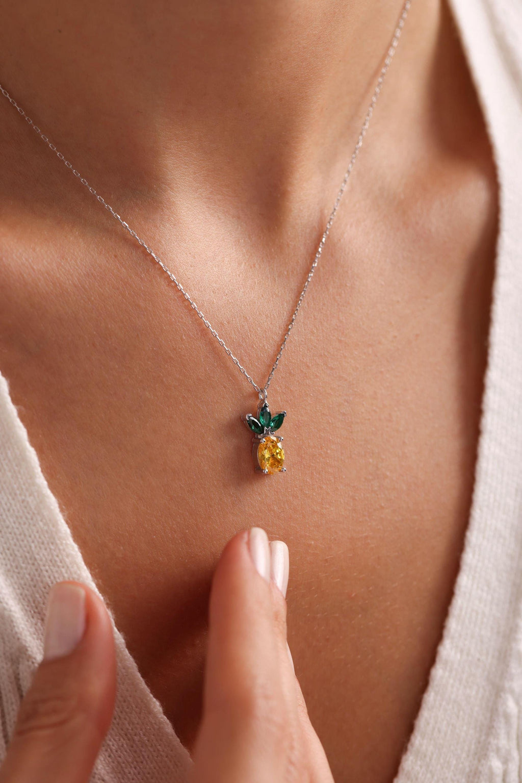 Pineapple Necklace Sterling Silver | Citrine Zircon Pendant | Dainty Summer Jewelry Gift for Her