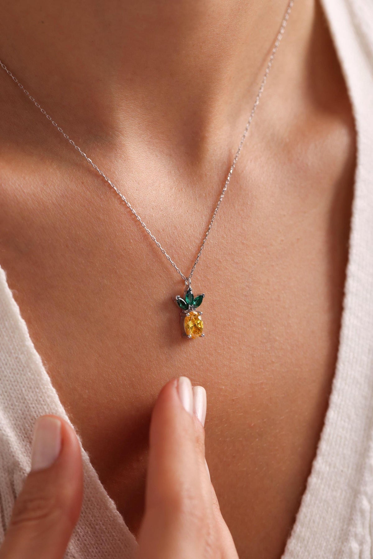 Pineapple Necklace Sterling Silver | Citrine Zircon Pendant | Dainty Summer Jewelry Gift for Her