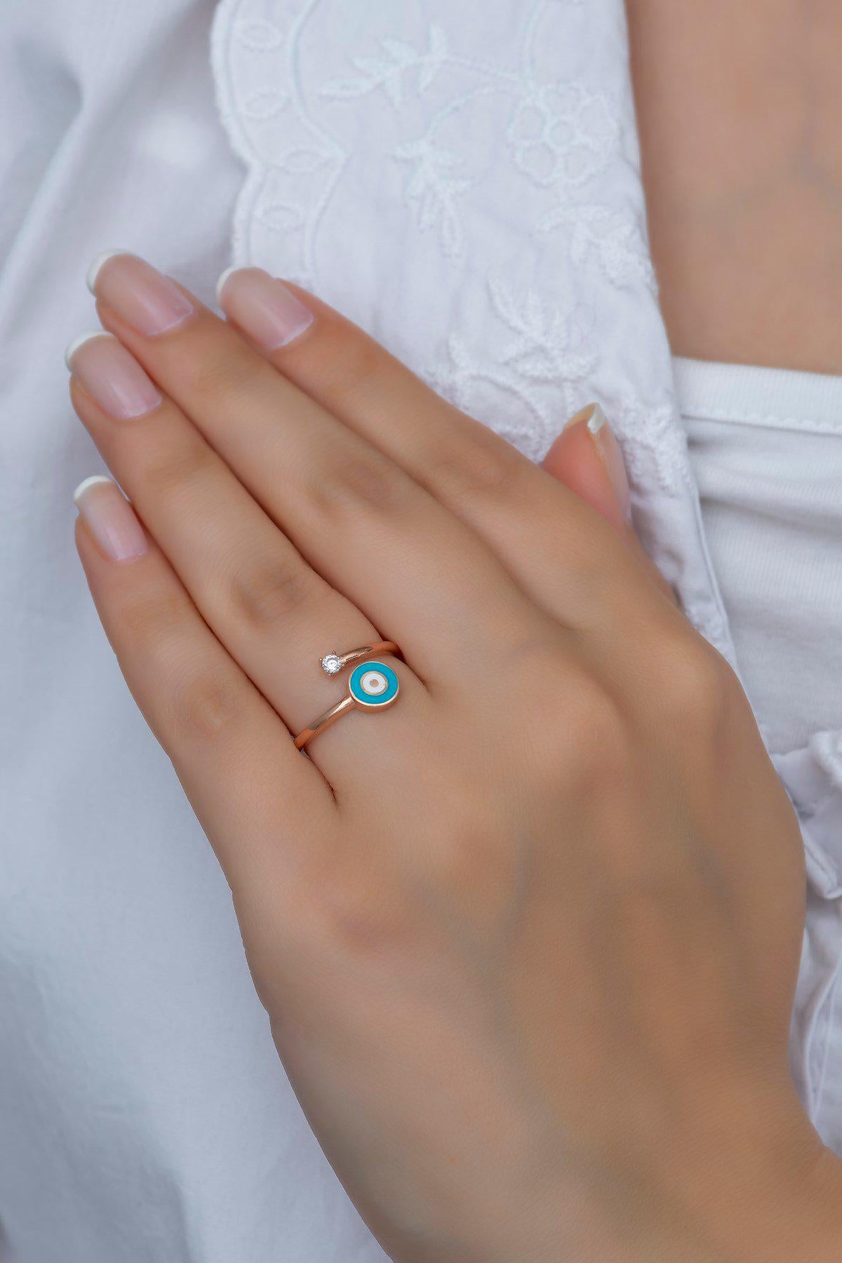 Evil Eye Ring Adjustable | 925 Sterling Silver 14K Rose Gold Plated Dainty Zircon Ring