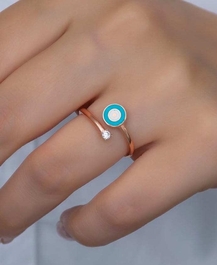 Evil Eye Ring Adjustable | 925 Sterling Silver 14K Rose Gold Plated Dainty Zircon Ring
